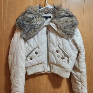 CoffeeShop Cream Quilted Bomber Jacket with Faux Fur Collar